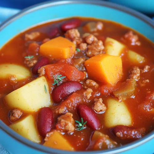 A turquoise bowl filled with chunky stew of potatoes, beans, and squash in tomato broth.