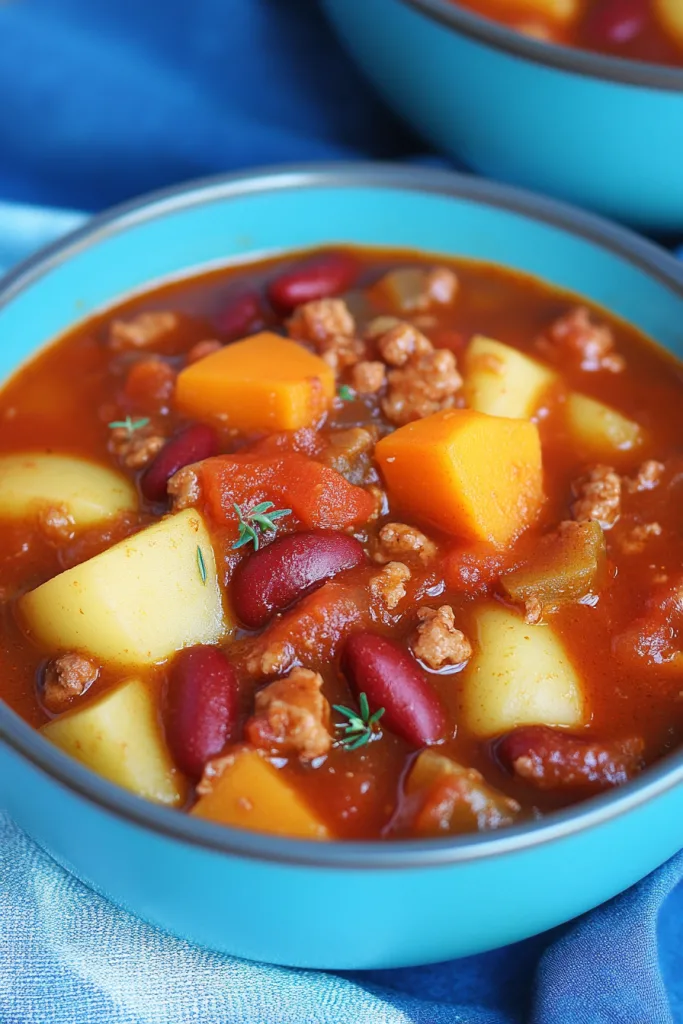 A turquoise bowl filled with chunky stew of potatoes, beans, and squash in tomato broth.