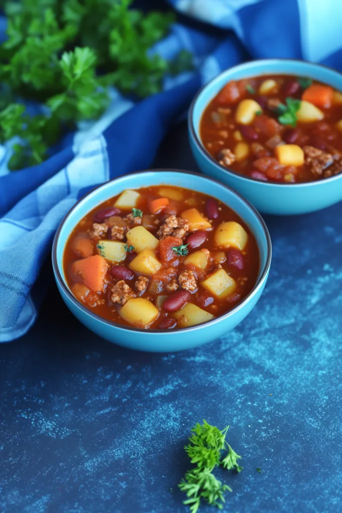 Rustic stew showcasing tender potatoes, beans, and herbs in a rich sauce.