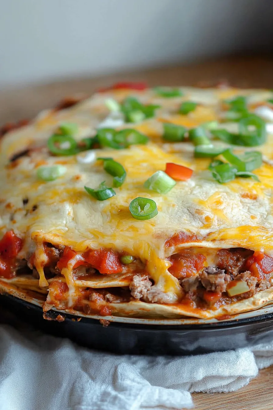 Freshly baked Mexican-style layered dinner with tortillas, savory filling, and melted cheese.