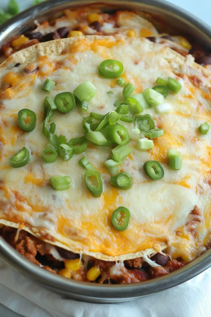 Warm and cheesy Tex-Mex bake garnished with sliced green onions and diced peppers.