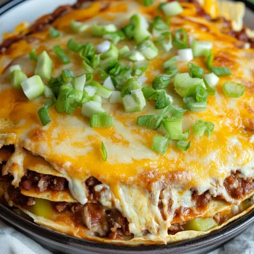 Hearty casserole dish loaded with beef, vegetables, and cheesy tortilla layers.