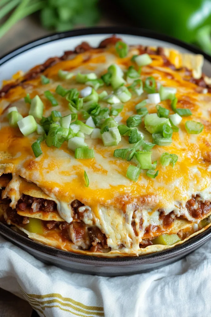 Hearty casserole dish loaded with beef, vegetables, and cheesy tortilla layers.