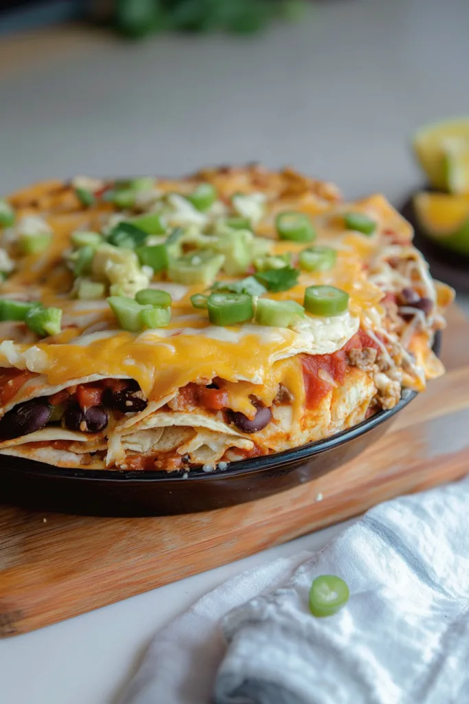 Cheesy layered casserole topped with melted cheese, green onions, and fresh peppers.