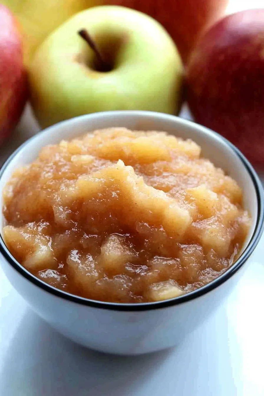 Bowl of homemade applesauce featuring a rich apple flavor and rustic texture.