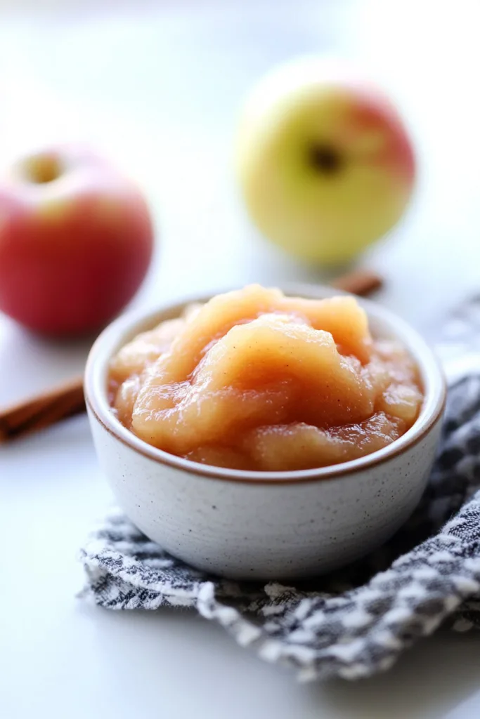 Fresh homemade applesauce served in a white bowl with whole apples in the background.