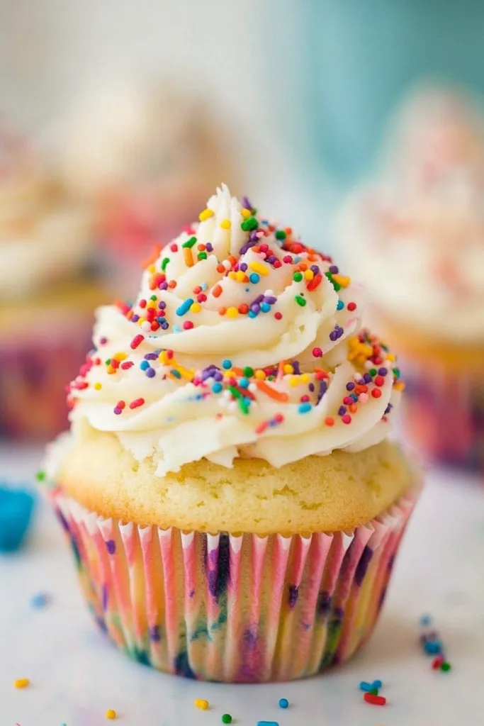 Vanilla cupcake with a swirl of white frosting and colorful sprinkles.