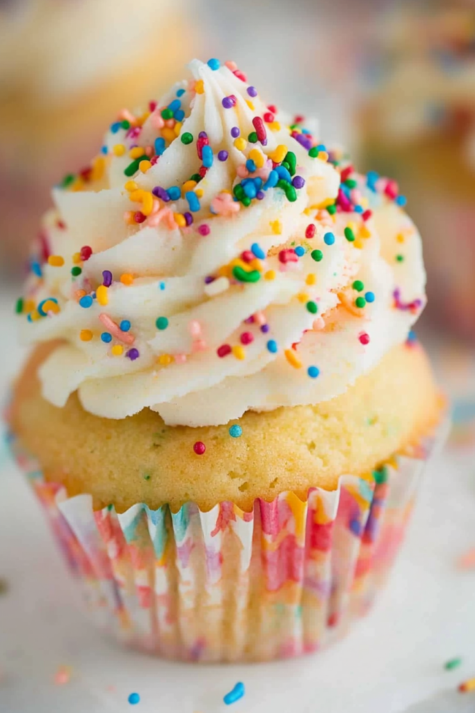 Festive dessert topped with rainbow sprinkles against a softly blurred background.