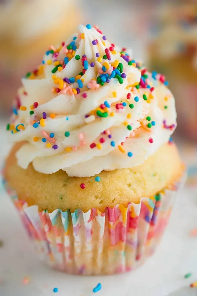 Festive dessert topped with rainbow sprinkles against a softly blurred background.