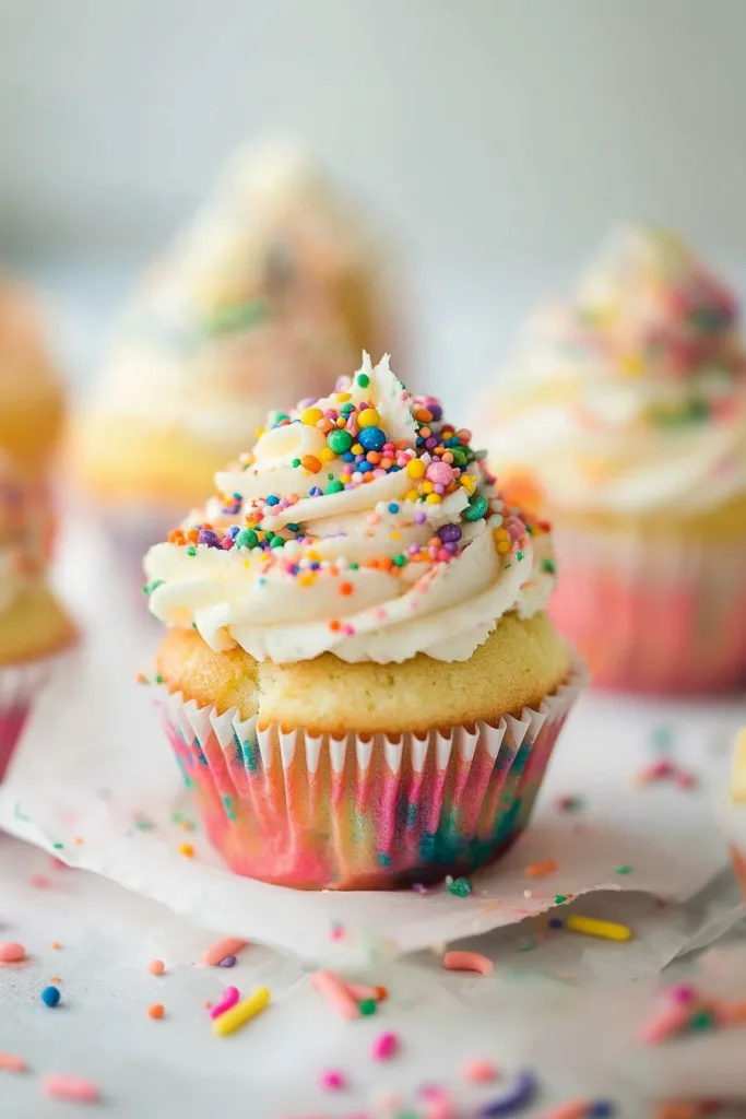 Cupcake showing creamy frosting texture and vibrant sprinkle details.