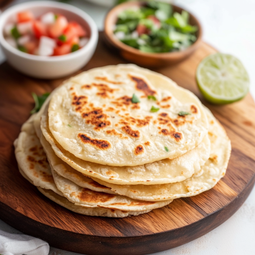 Stack of freshly cooked homemade sopes served warm on a plate with fresh toppings in the background.
