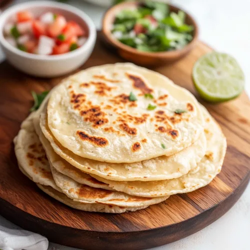 Stack of freshly cooked homemade sopes served warm on a plate with fresh toppings in the background.