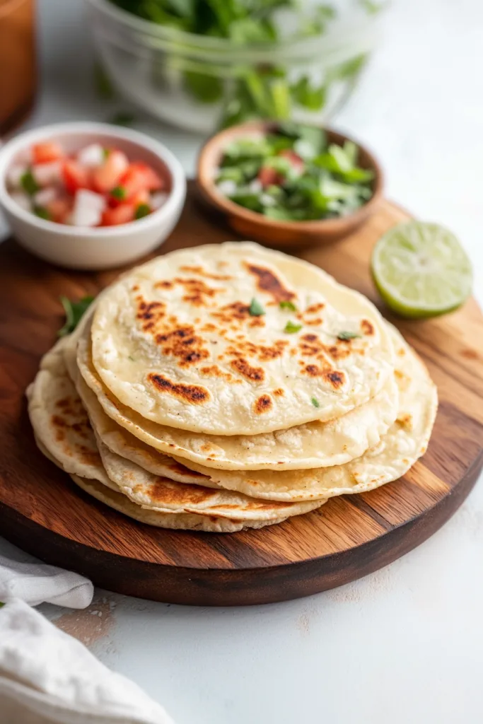 Stack of freshly cooked homemade sopes served warm on a plate with fresh toppings in the background.