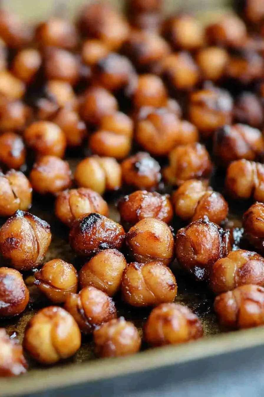 Close-up of crispy chickpeas showing rich brown caramelized texture.