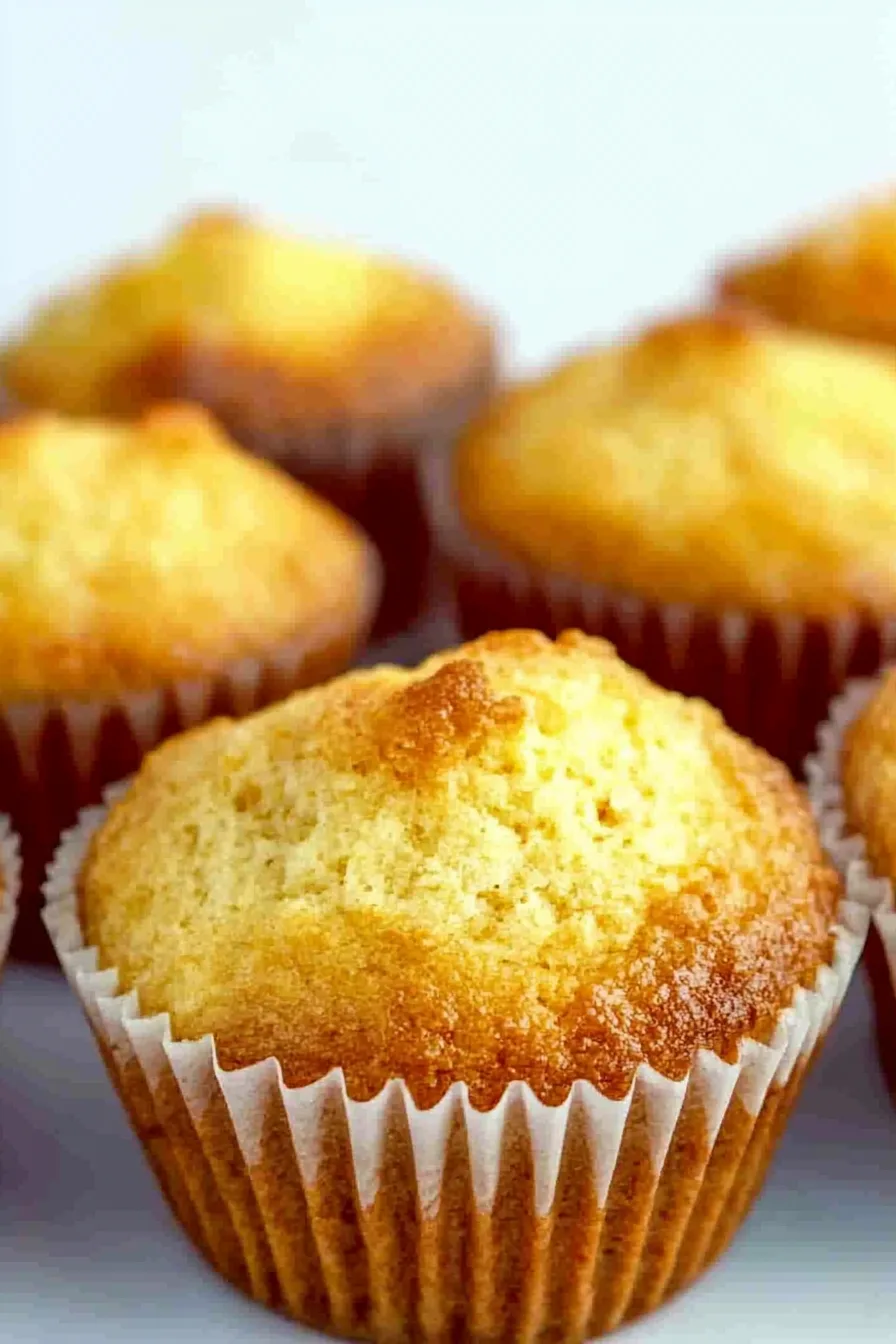 Freshly baked golden muffins in white paper liners, with domed tops and crisp edges.