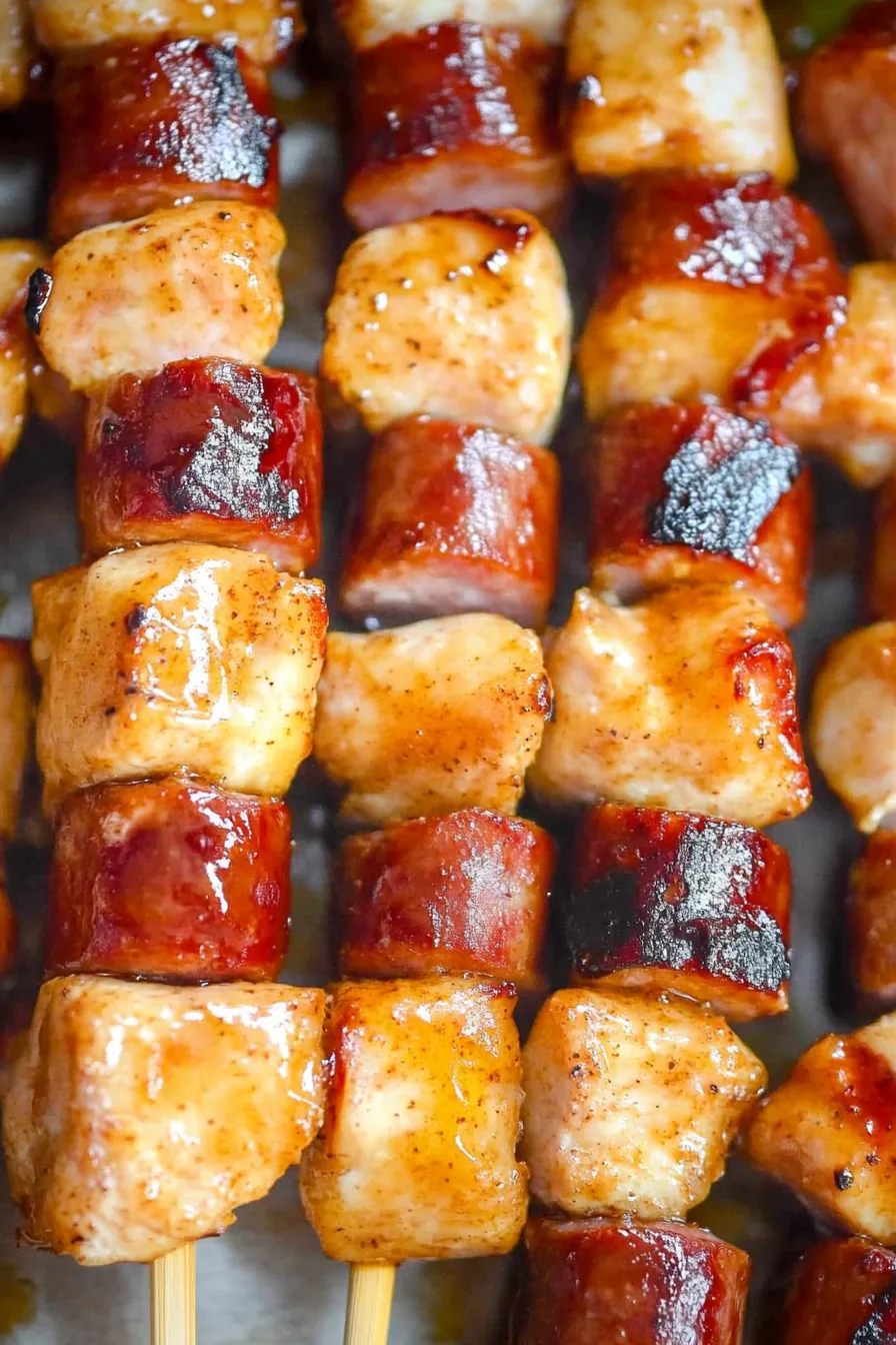 Grilled chicken and smoked sausage skewers brushed with a glossy honey mustard glaze