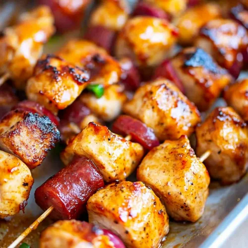 Golden glazed barbecue skewers fresh off the grill with crispy edges and smoky flavor