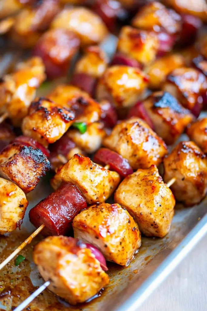 Golden glazed barbecue skewers fresh off the grill with crispy edges and smoky flavor