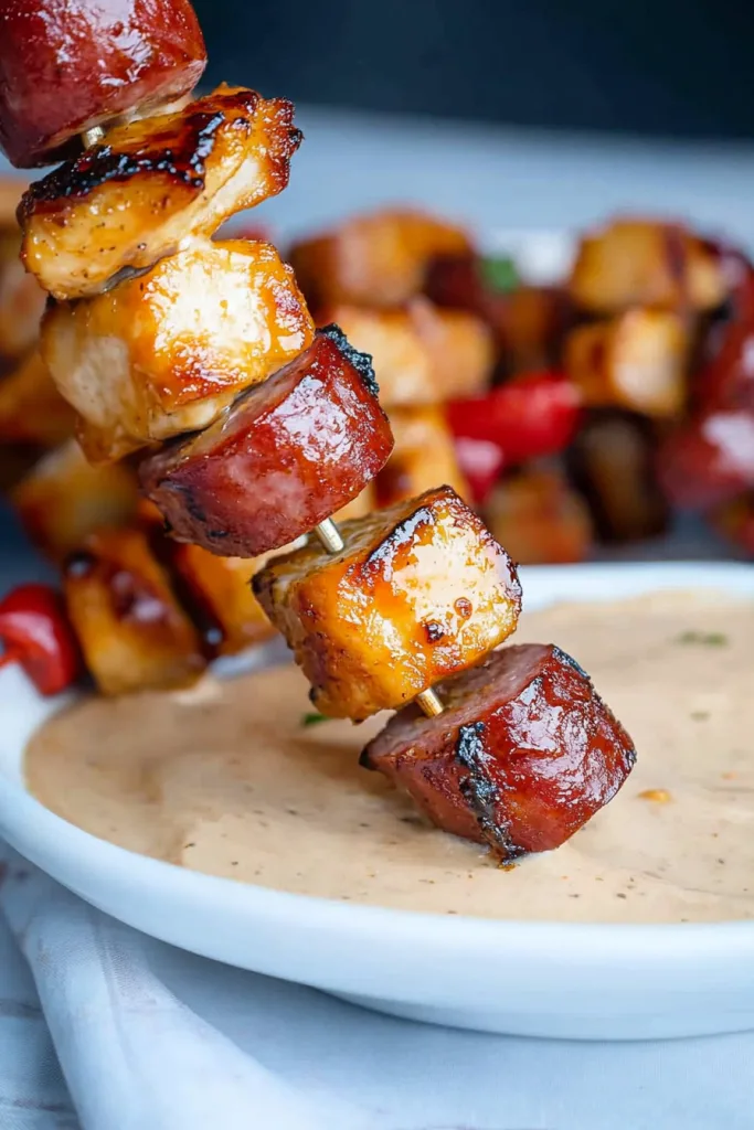 Grilled skewers with glazed chicken and sausage, dipped into creamy mustard sauce.