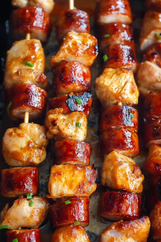 Finished grilled skewers with charred sausage bites and perfectly glazed chicken cubes