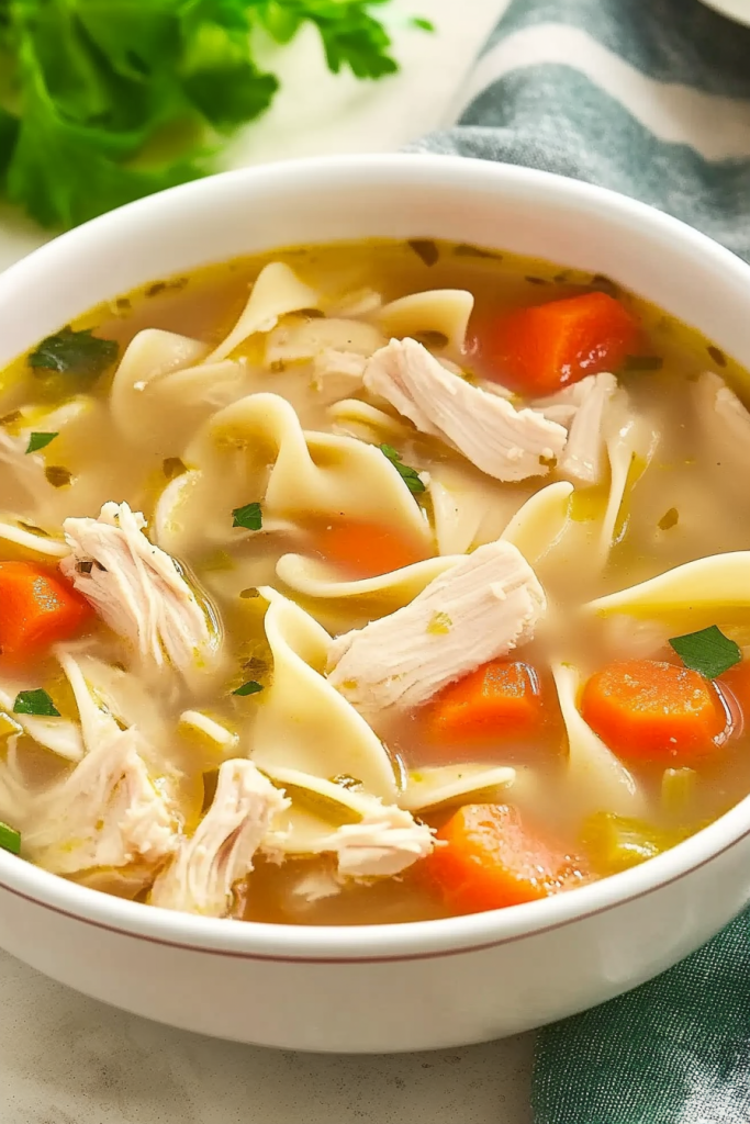 Warm bowl of clear broth with noodles, chicken, and carrots.