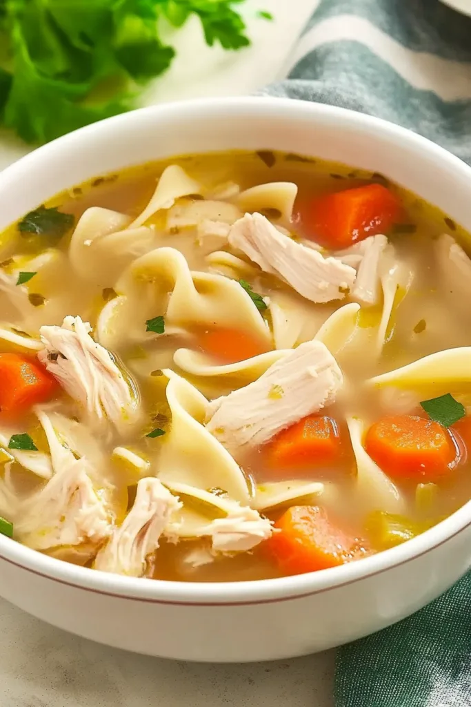Warm bowl of clear broth with noodles, chicken, and carrots.