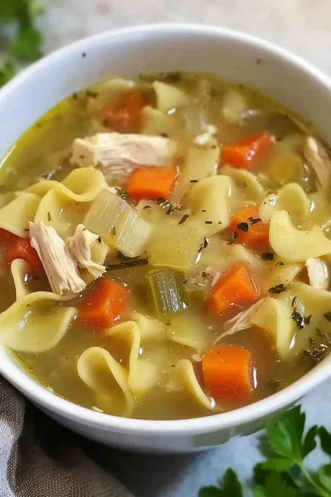 Golden broth with shredded chicken and sliced vegetables.
