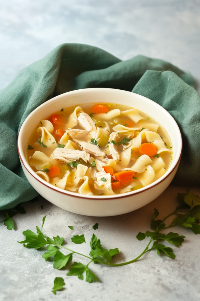 Hearty homemade soup highlighting noodles, carrots, and herbs.