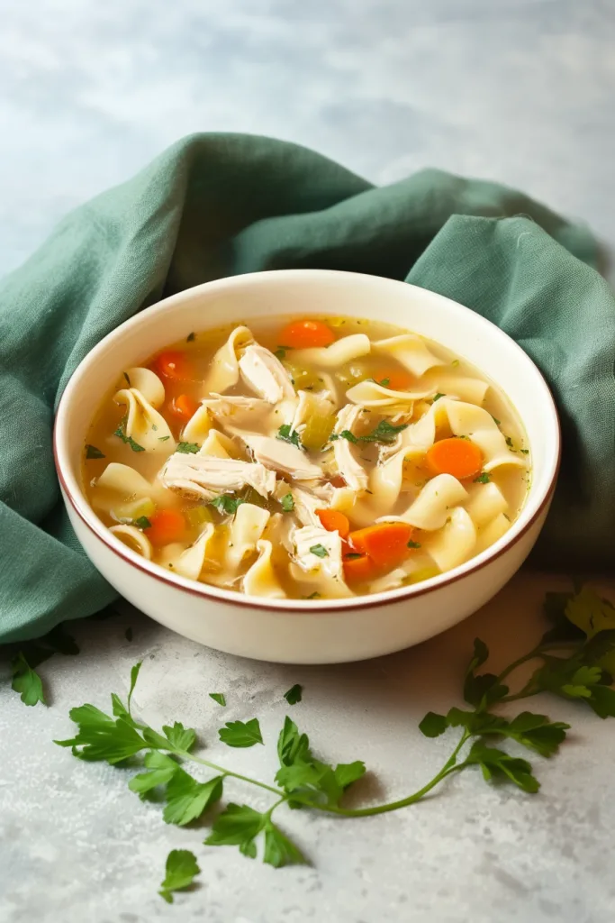 Hearty homemade soup highlighting noodles, carrots, and herbs.