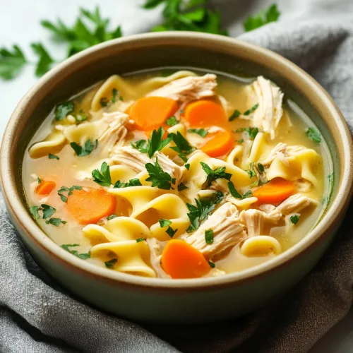 Classic noodle soup served in a white bowl on a cloth napkin.