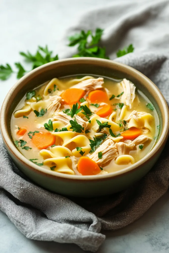 Classic noodle soup served in a white bowl on a cloth napkin.