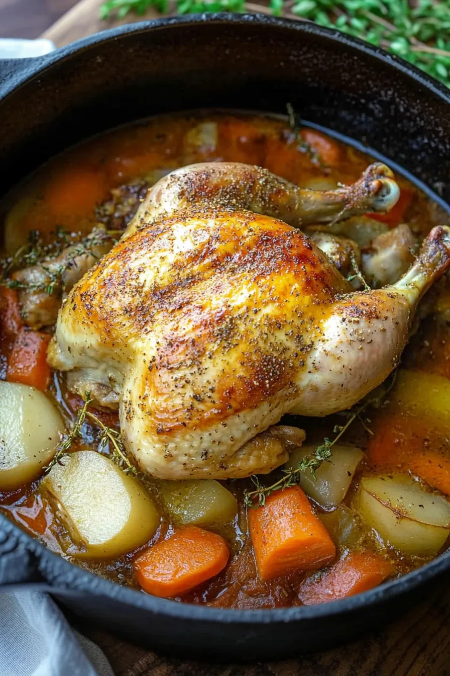 Rustic cast-iron pot filled with tender chicken and root vegetables.