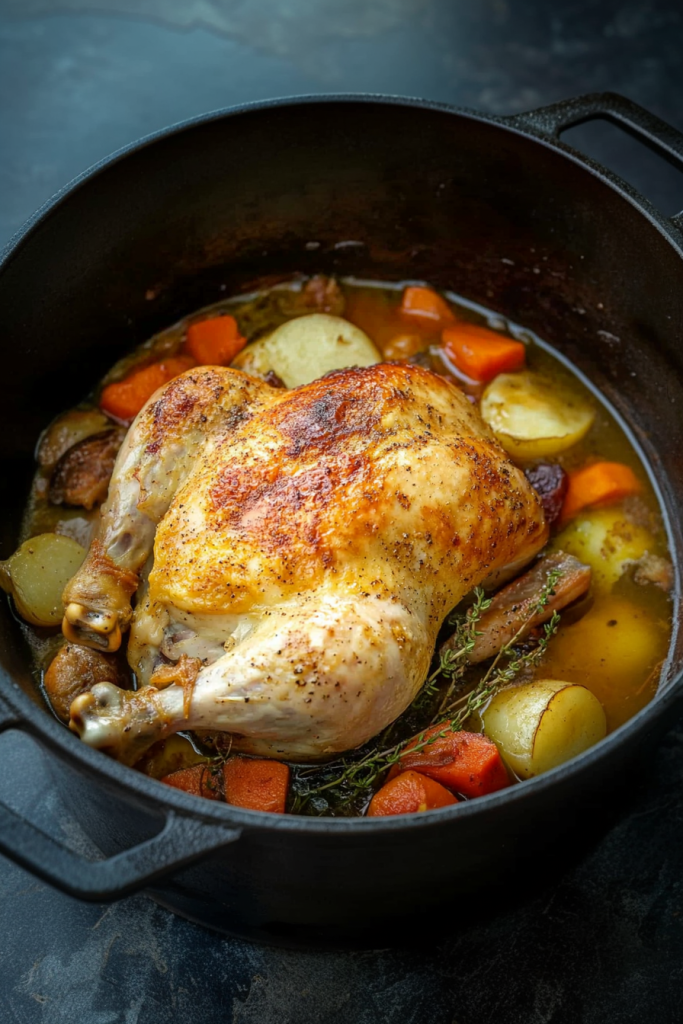Whole golden-brown chicken nestled in broth with carrots and potatoes.