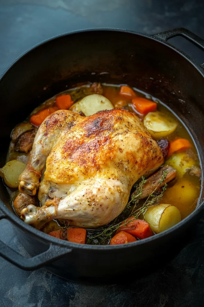 Whole golden-brown chicken nestled in broth with carrots and potatoes.