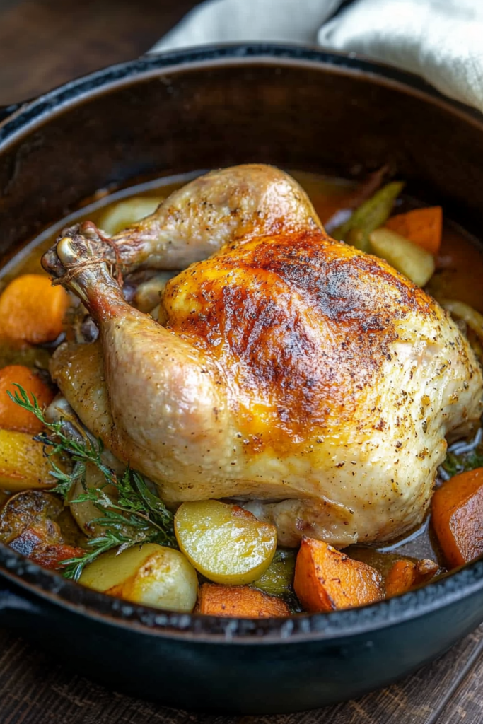 Hearty one-pot meal with braised chicken, herbs, and vegetables.