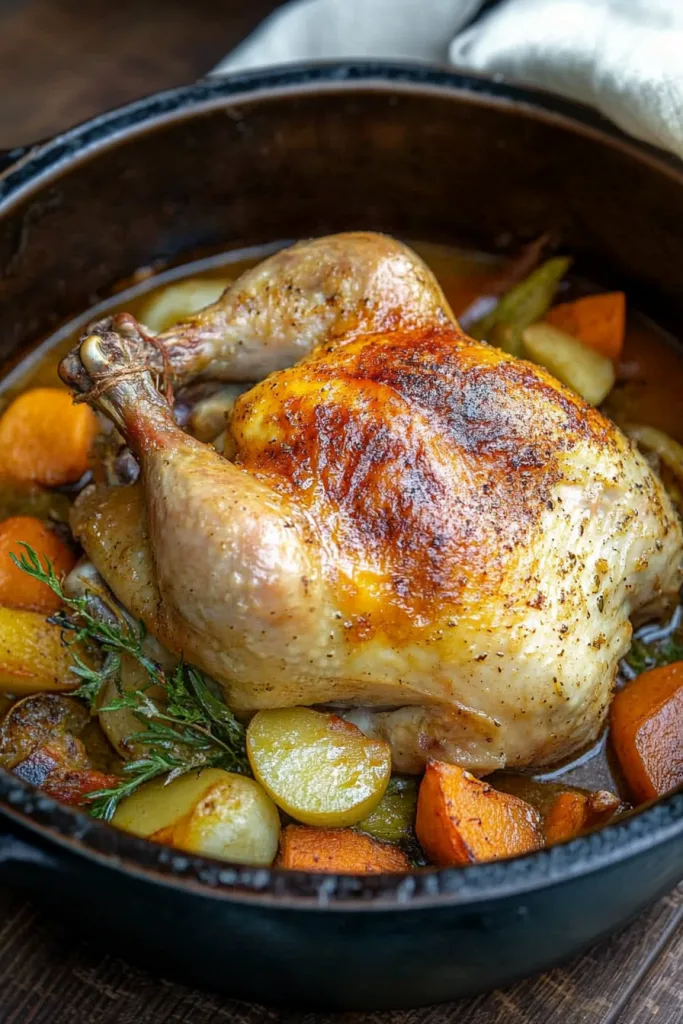 Hearty one-pot meal with braised chicken, herbs, and vegetables.