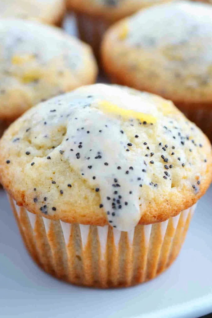 Close-up of a muffin topped with a thin lemon slice, showing its moist texture.