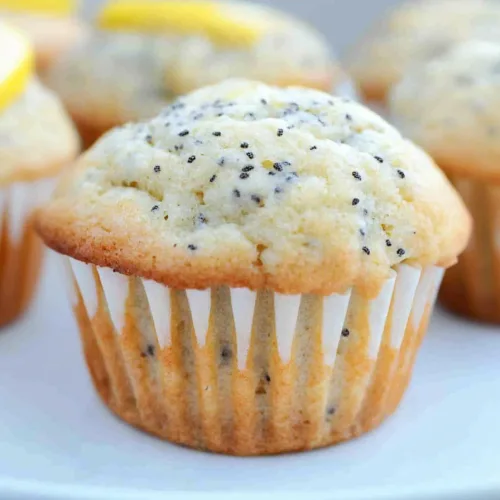 Freshly baked muffin with a domed top, resting in a ridged paper liner.