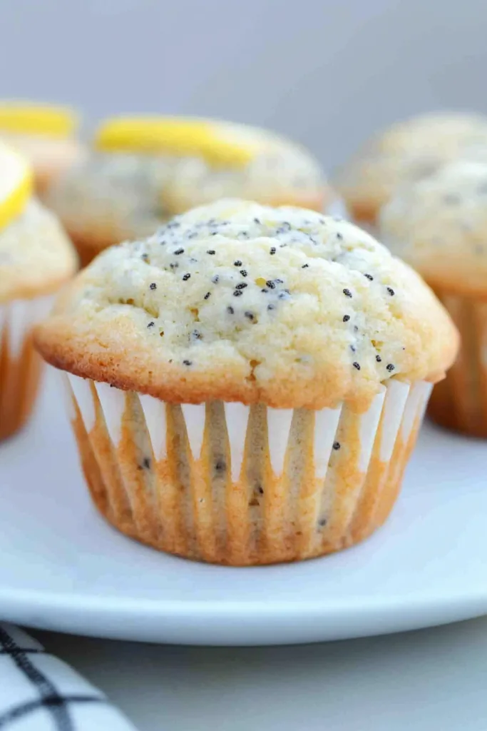 Freshly baked muffin with a domed top, resting in a ridged paper liner.