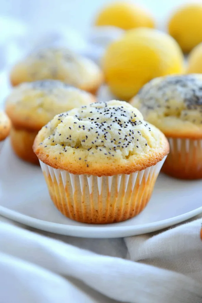 A golden muffin with poppy seeds on a white plate, surrounded by blurred muffins in the background.