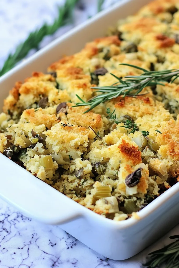 Freshly baked stuffing with a golden crust, served in a rectangular dish.
