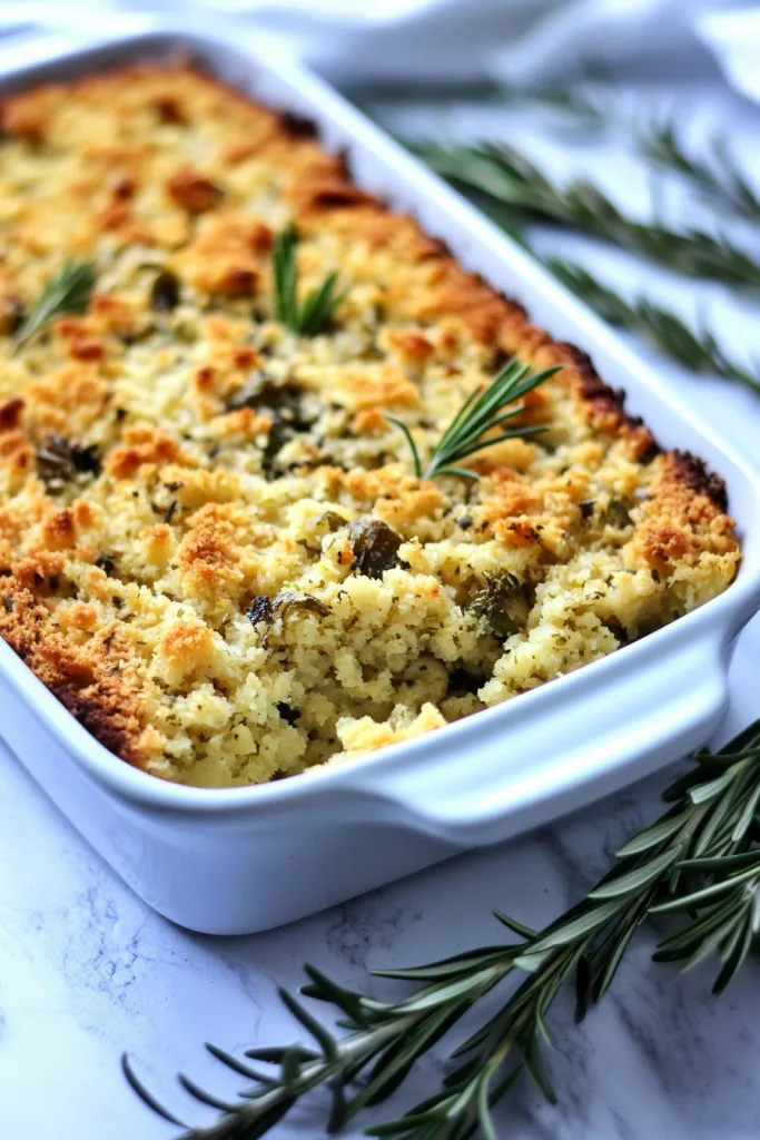 Savory holiday side dish showing toasted top and rustic garnish.