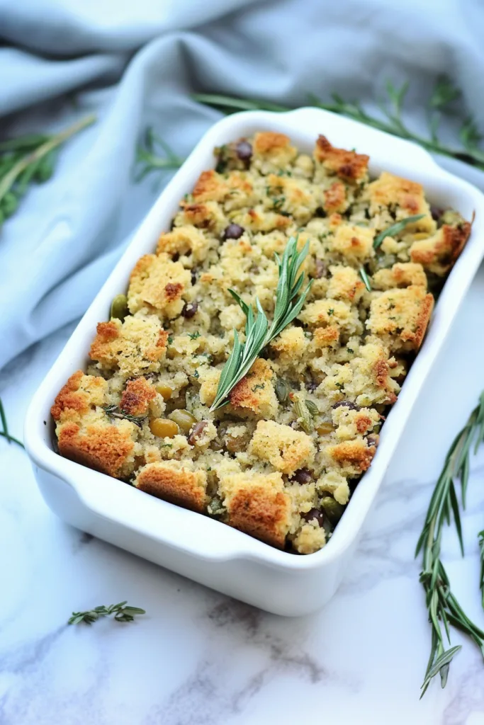 Golden-brown baked stuffing in a white ceramic dish, topped with sprigs of rosemary.