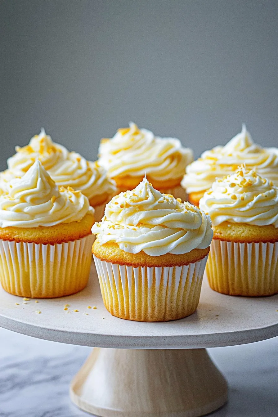 Cupcakes arranged neatly, showing the contrast between golden cake and smooth icing.