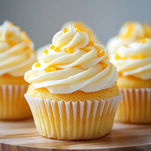 Three frosted cupcakes on a wooden cake stand, topped with bright sprinkles.