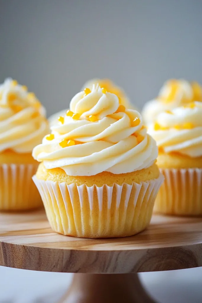Three frosted cupcakes on a wooden cake stand, topped with bright sprinkles.