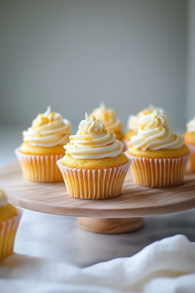 Elegant dessert display featuring cupcakes with thick piped frosting.