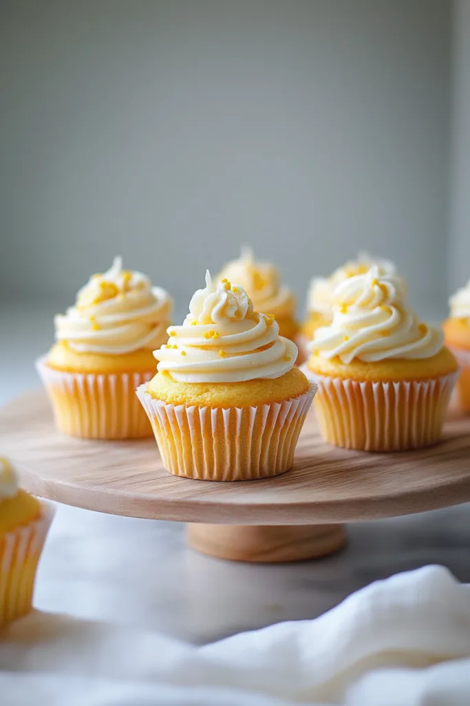 Elegant dessert display featuring cupcakes with thick piped frosting.