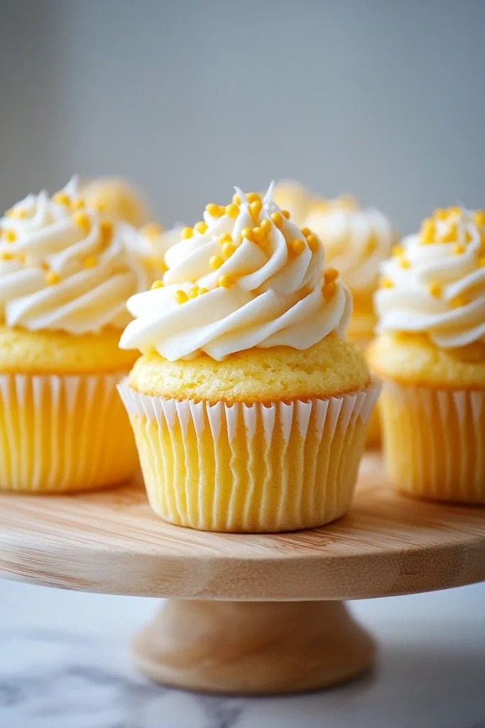 Close-up of creamy white frosting swirled over soft yellow cupcakes.