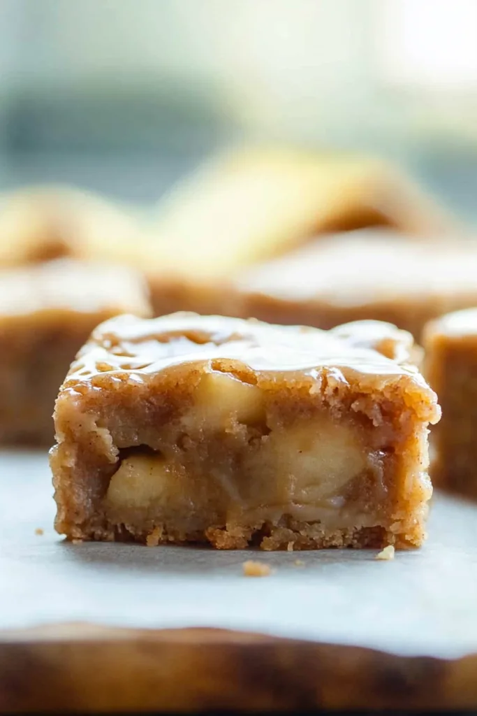 A plated blondie piece with visible apple bits and a rich, caramel-like glaze.